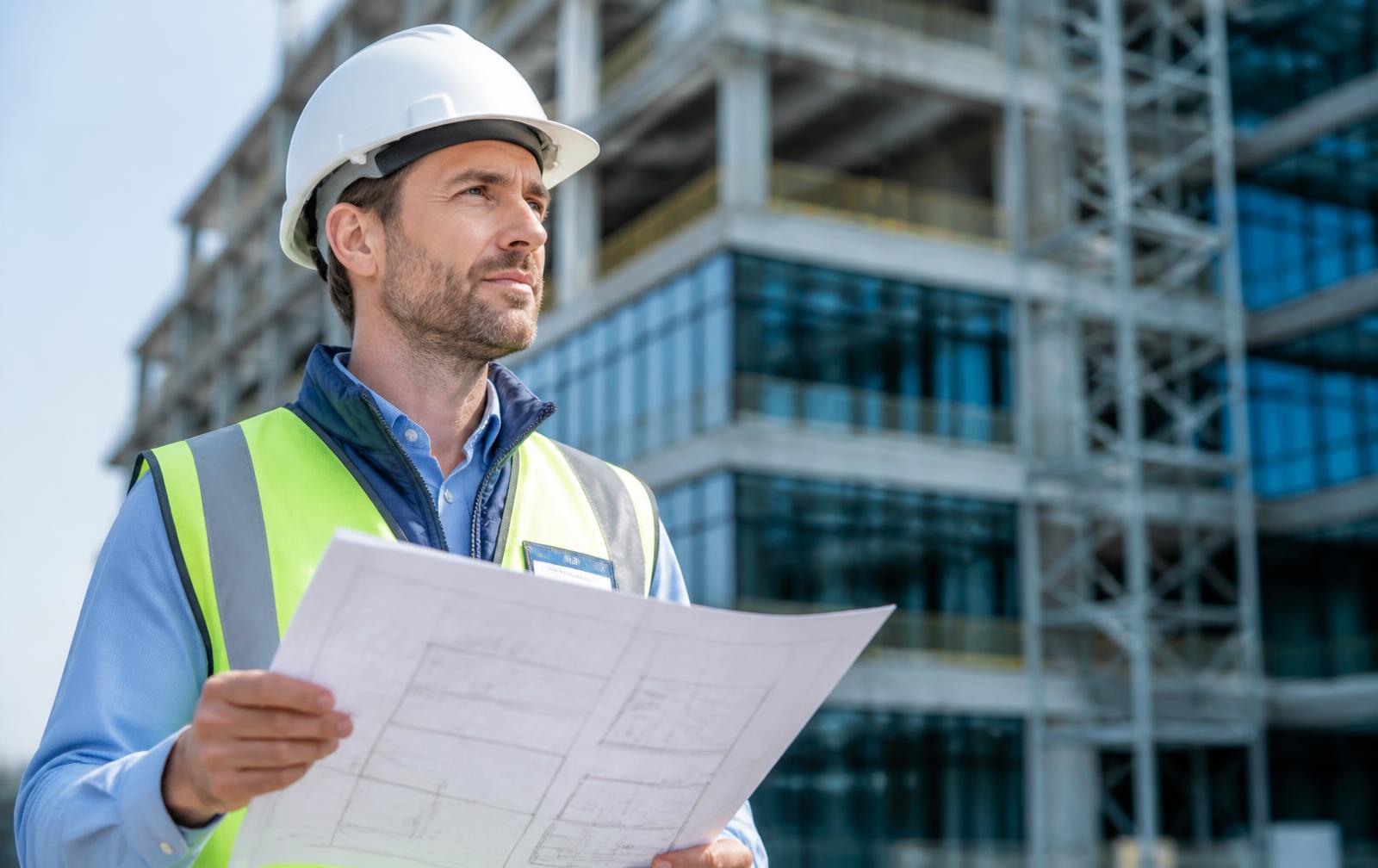 Engenheiro com capacete de segurança analisando a planta em frente a um edifício em construção
